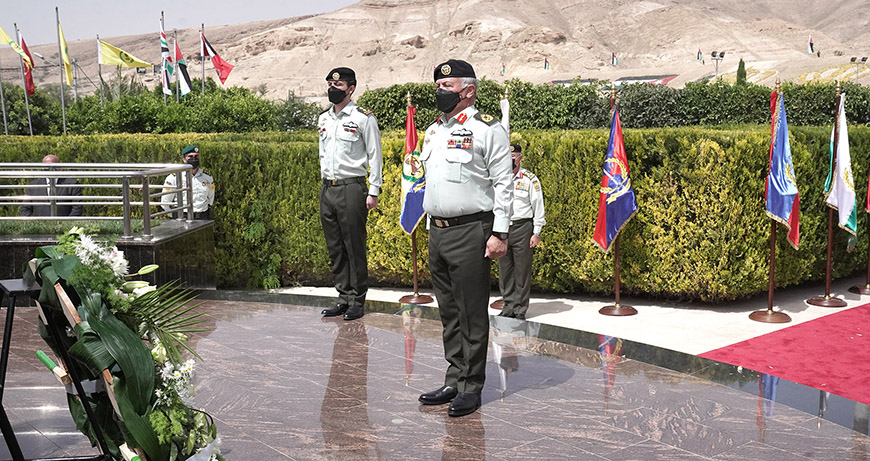 His Majesty King Abdullah, the Supreme Commander of the Jordan Armed Forces-Arab Army, accompanied by HRH Crown Prince Hussein, visits the memorial site for the martyrs of Al Karamah Battle on its 53rd anniversary on Sunday (Photo courtesy of Royal Court)